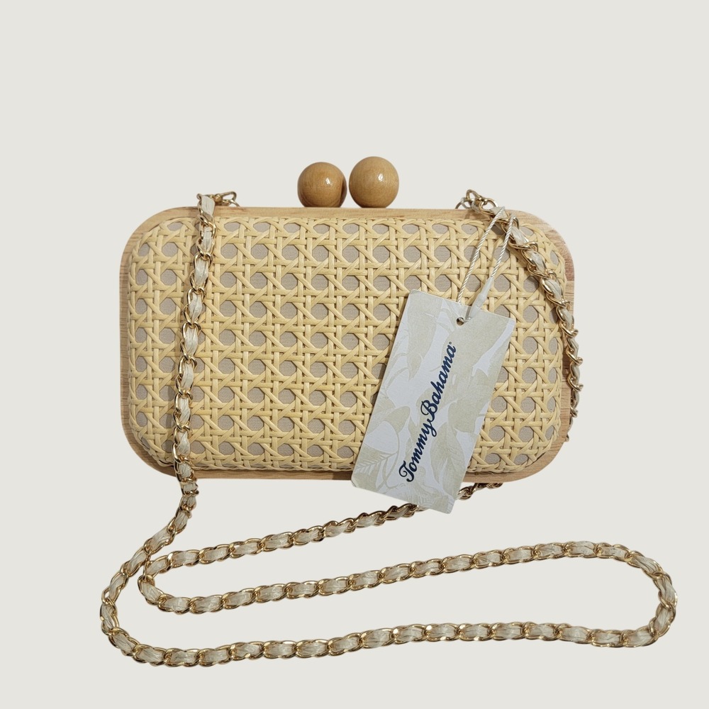 Tommy Bahama Natural Woven Cane Wood Frame Clutch Crossbody Bag Tropical NEW